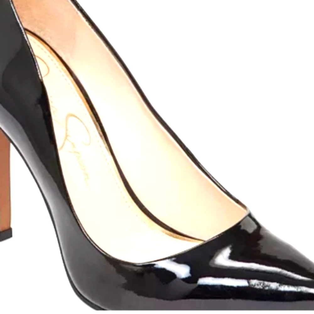 Jessica 🍒 Simpson 5in pumps sz 10 shiny black with glitter sig and beige inside